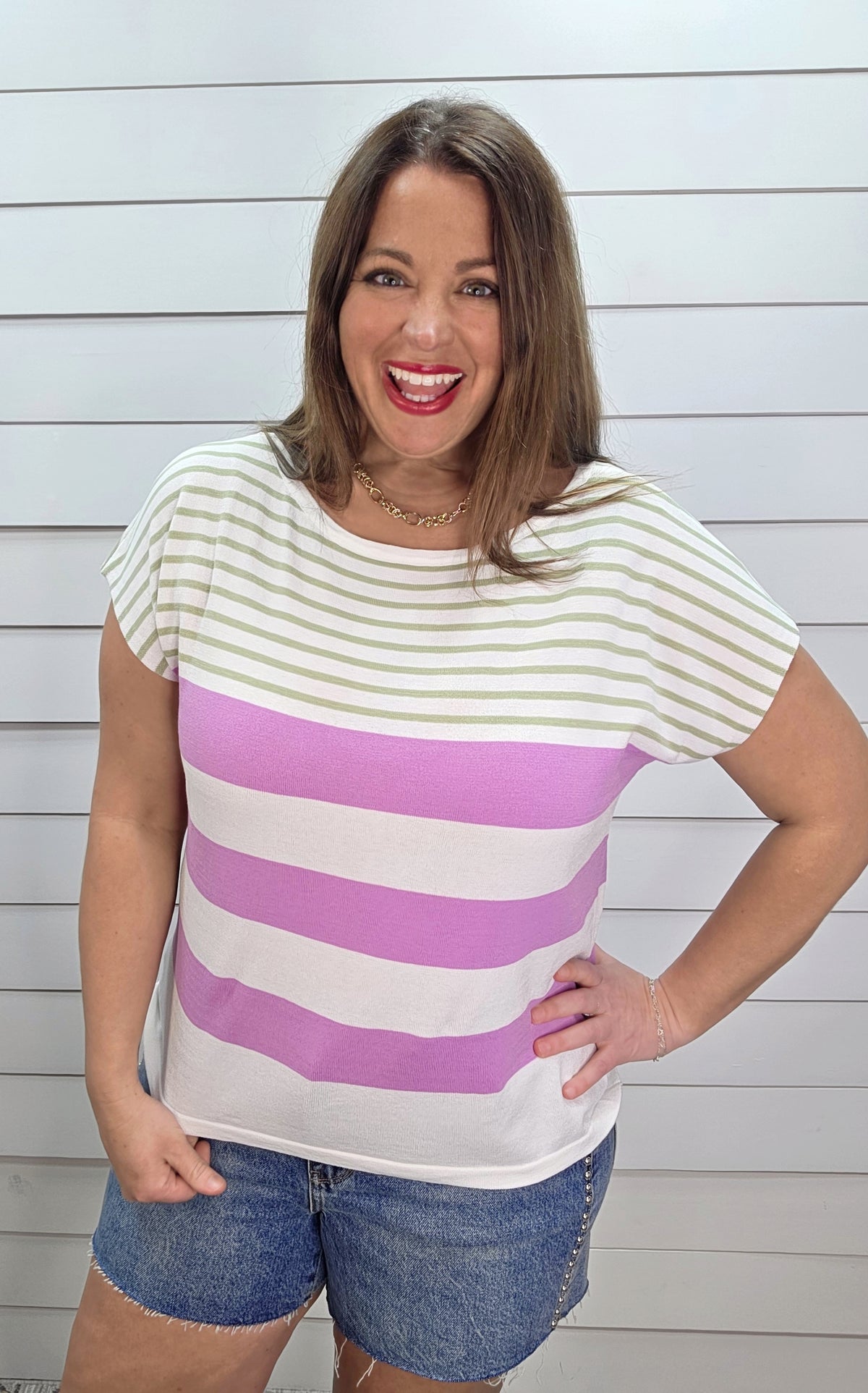 SAGE/LAVENDER/WHITE CONTRAST STRIPED SHORT SLEEVE LIGHT WEIGHT SWEATER KNIT TOP