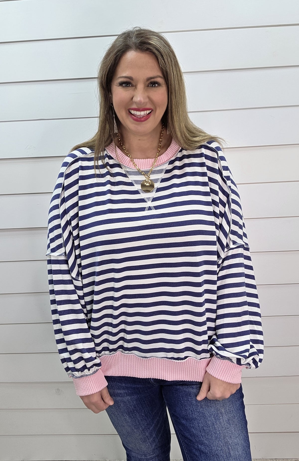 NAVY STRIPED OVERSIZED TOP W/ PINK RAISED RIBBED TRIM