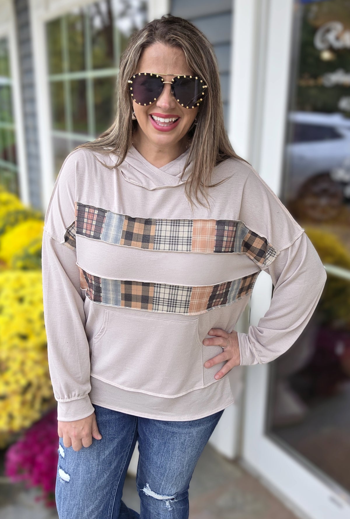 TAUPE PATCHWORK LIGHT WEIGHT FRENCH TERRY HOODIE