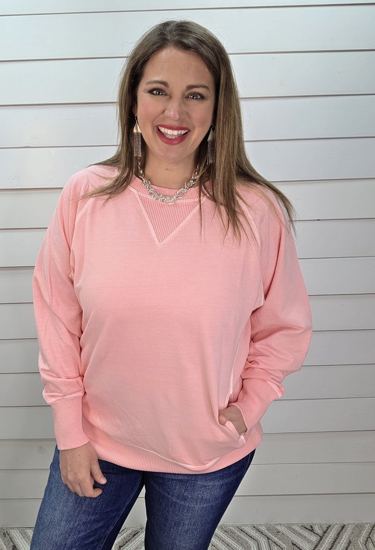 PINK FRENCH TERRY PULLOVER WITH POCKETS