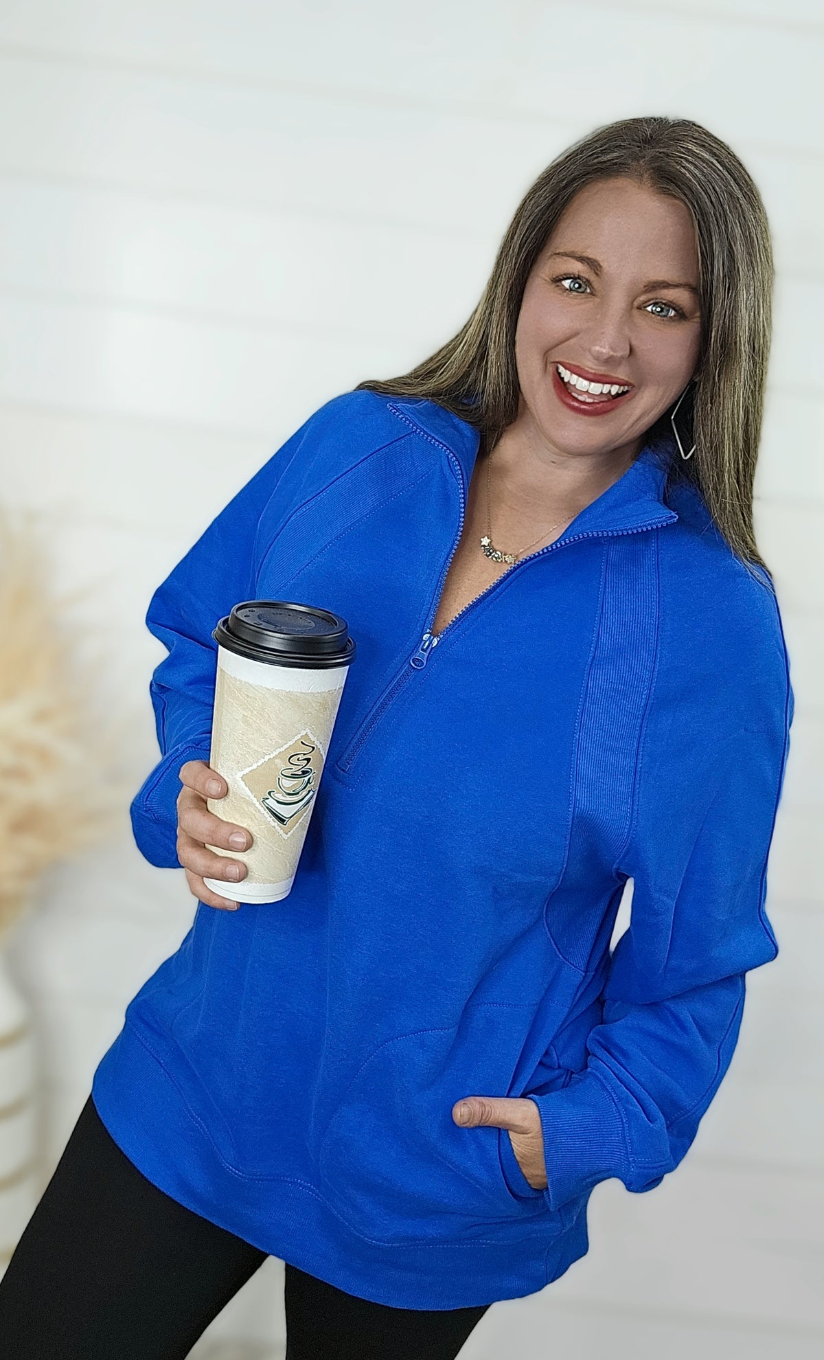 ROYAL BLUE QUATER ZIP PULLOVER WITH SIDE POCKETS