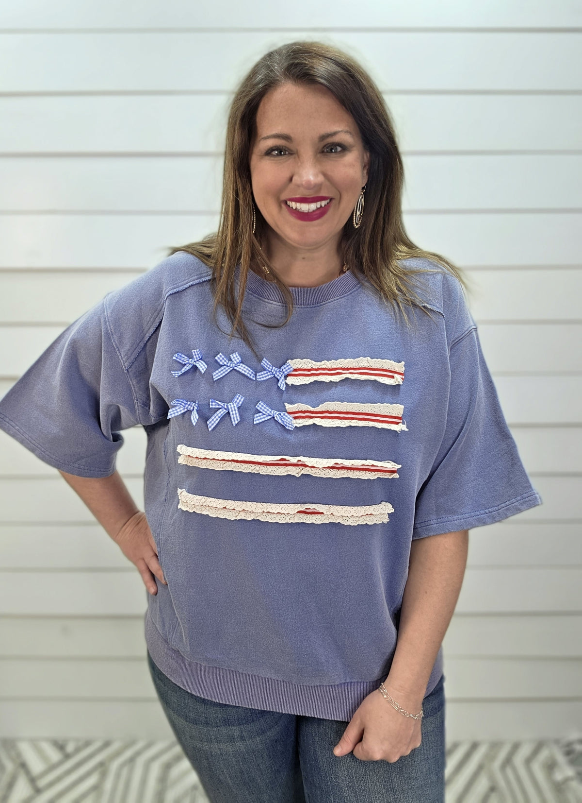 DENIM WASHED HALF SLEEVE FLAG FRENCH TERRY PULLOVER