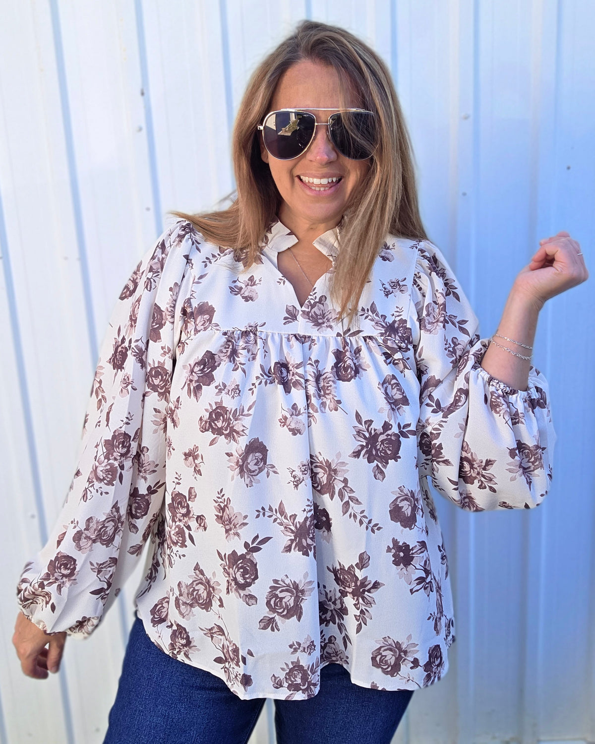 Oatmeal/Brown Frilled Notch Neck Yoke Bubble Long Sleeve Vintage Floral Print Woven Blouse