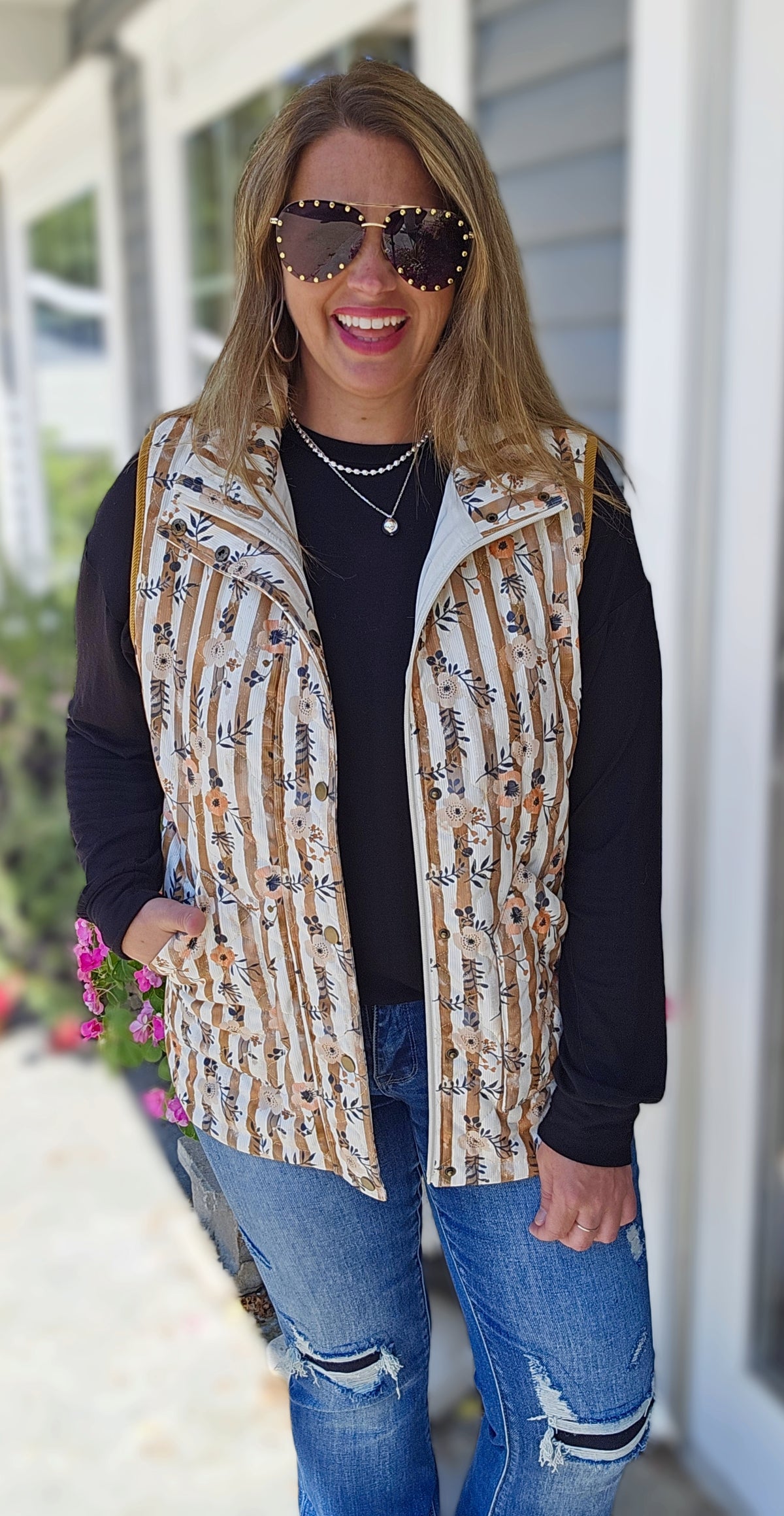 CAMEL STRIPED/FLORAL ZIP UP QUILTED VEST
