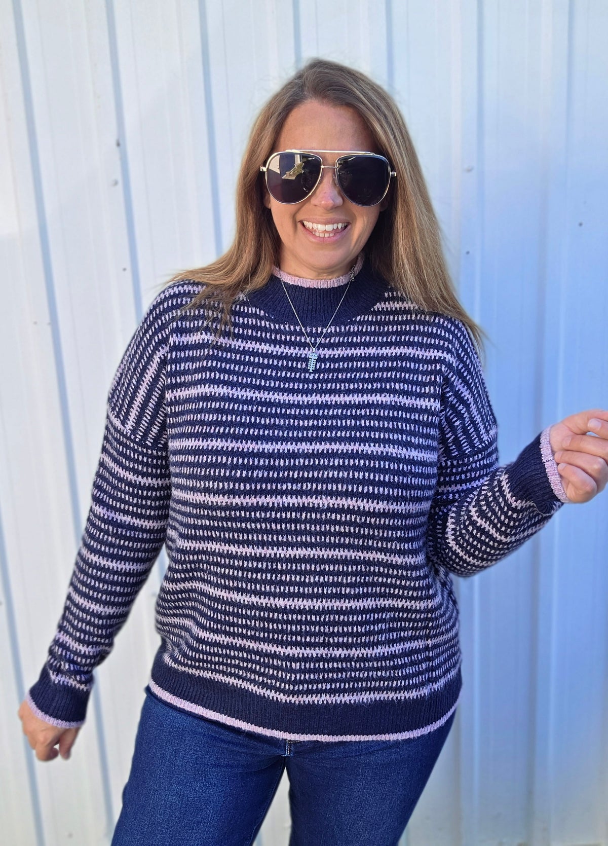 NAVY/LAVENDER Texture Striped, Crew Neck, Long Sleeve, Pullover Sweater