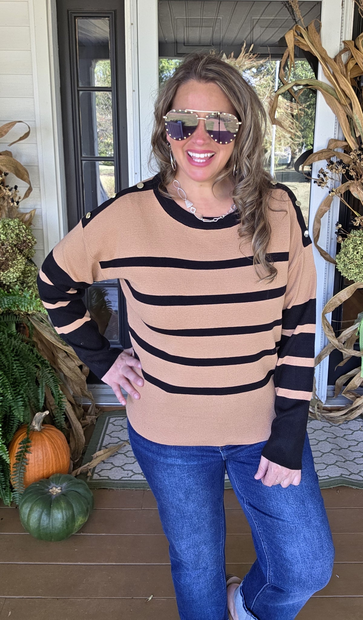 KAREN HART TAN/BLACK STRIPED SWEATER WITH BUTTON ACCENTS