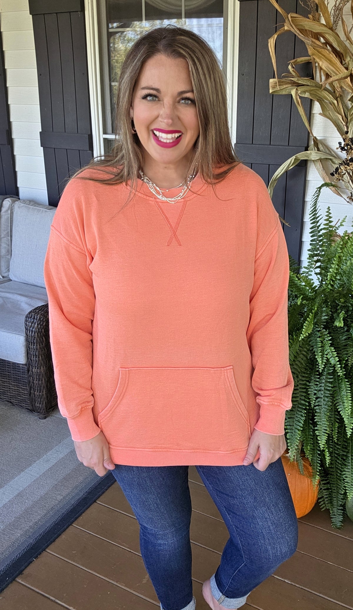 HOT CORAL MINERAL WASH PULLOVER W/ KANGAROO POCKET