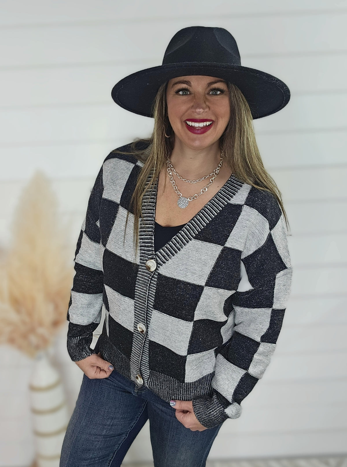 BLACK CHECKERED BUTTON CARDIGAN/SWEATER