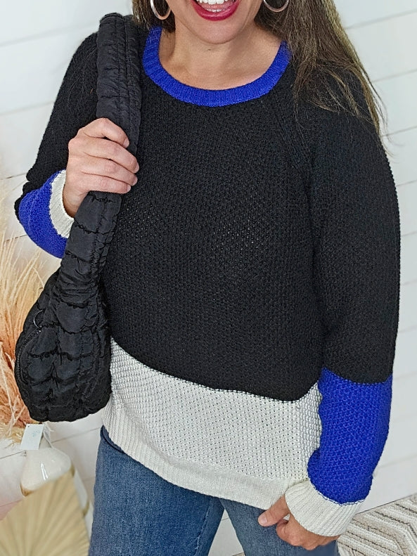 BLUE/BLACK/CREAM COLORBLOCK COTTON SWEATER