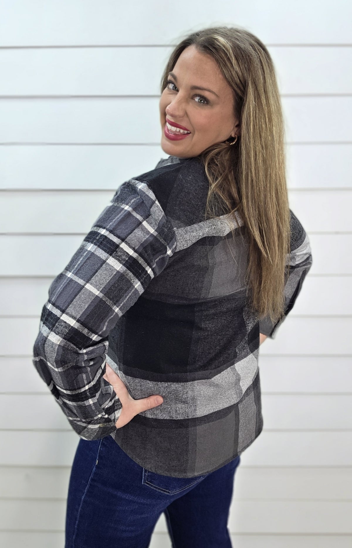 KAREN HART BLACK PLAID CONTRAST FLANNEL SHIRT