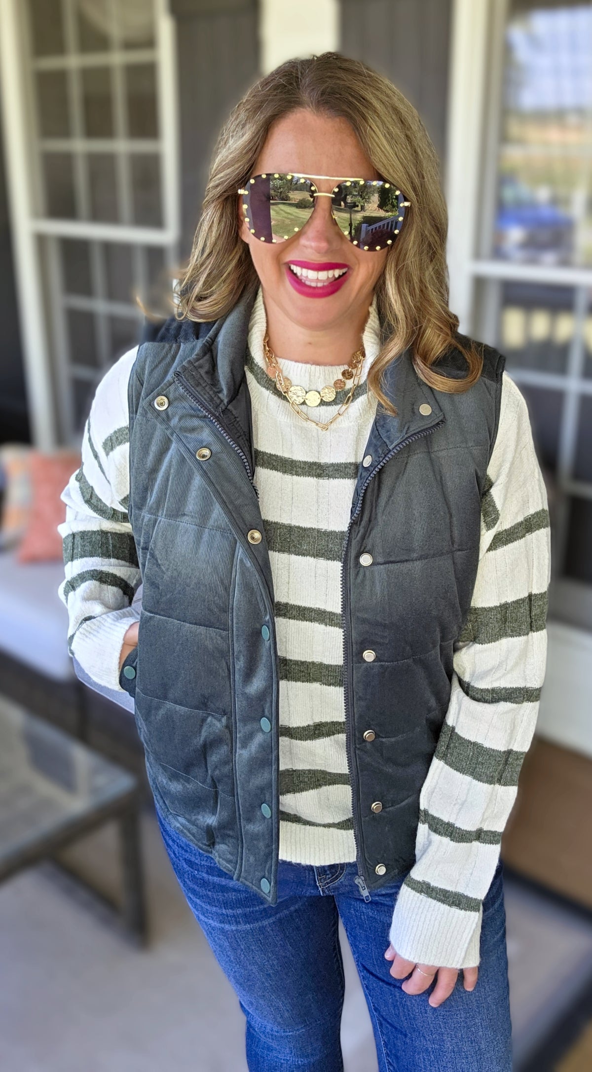 DK GREEN MINI CORD SNAP/ZIPPER VEST