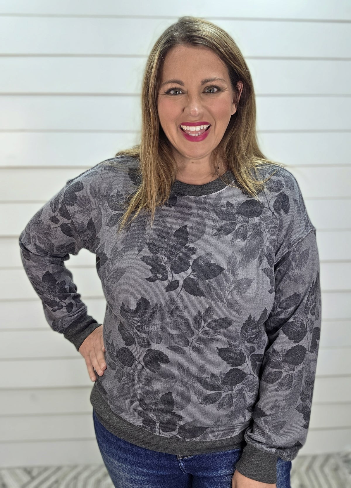 GREY Crew Neck, Long Sleeve, Rib Hacci Floral Printed Top