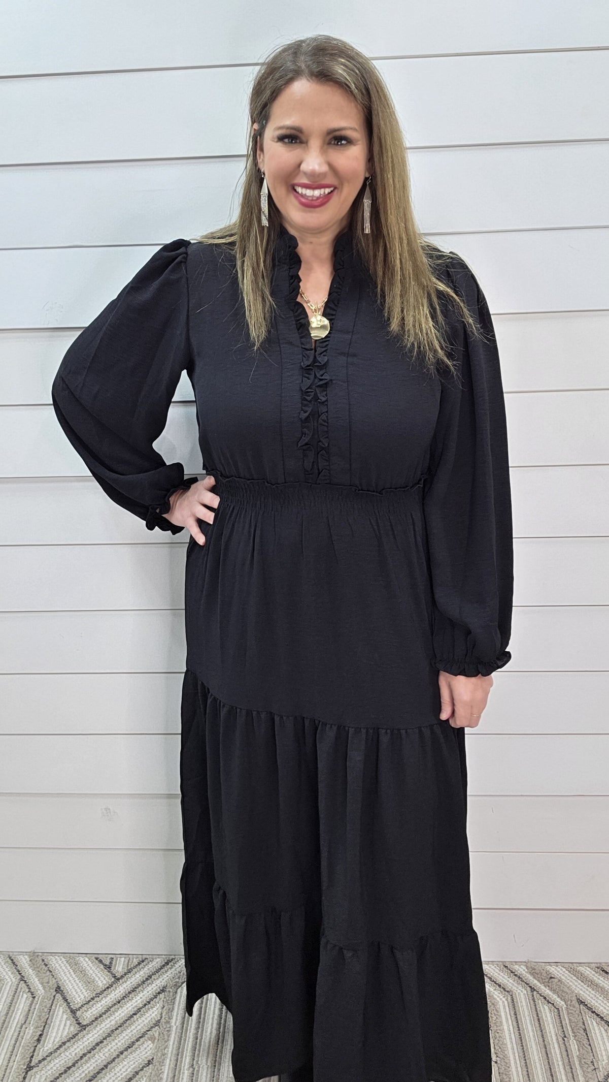 BLACK LONG WOVEN V NECK TIERED DRESS