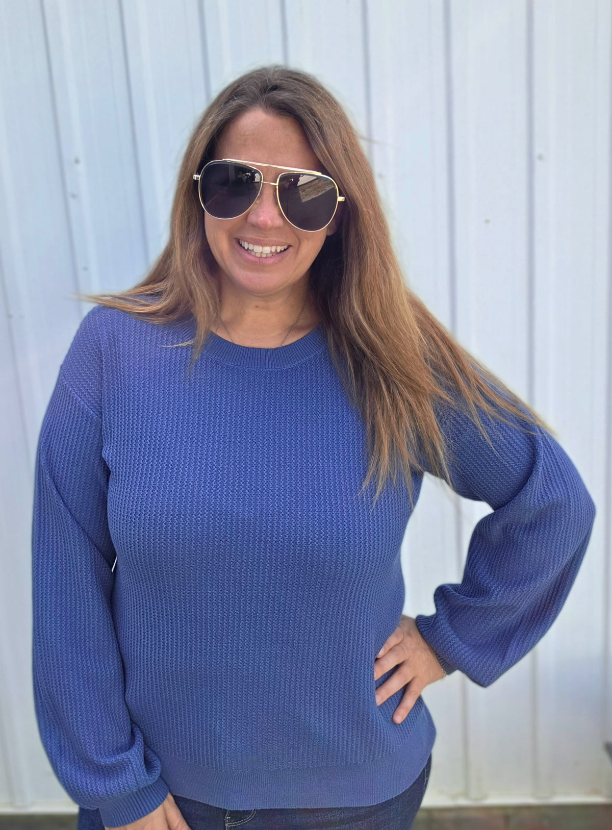 Denim Textured, Crew Neck, Balloon Sleeve, Pullover Sweater