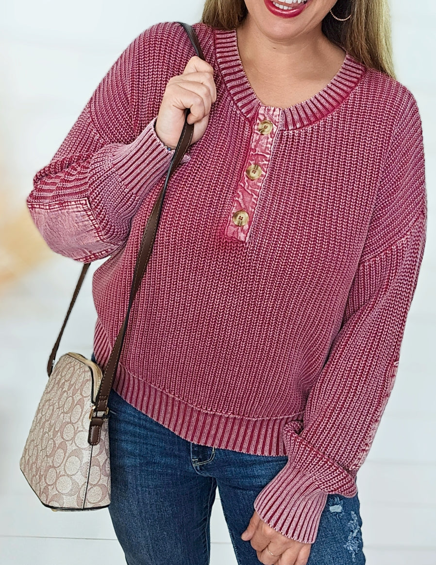 BURGUNDY MINERAL WASH HENLEY COTTON SWEATER