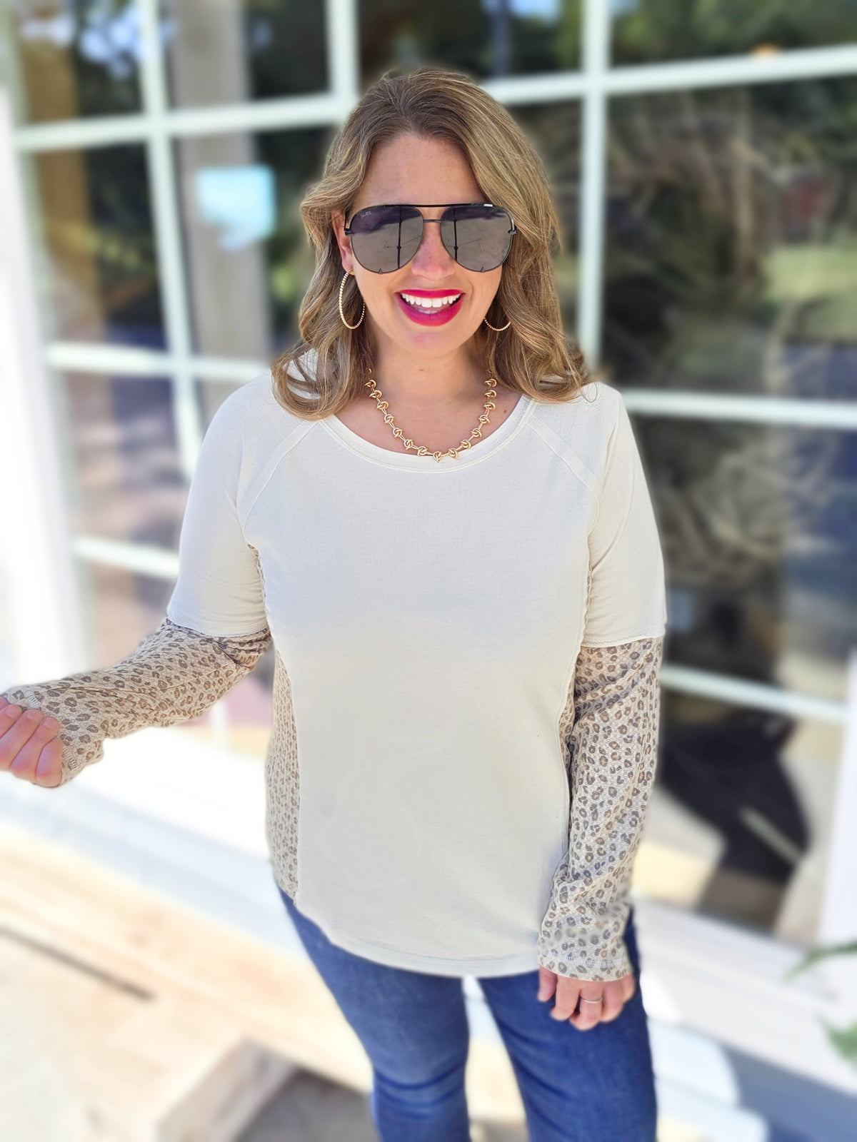 CREAM/ANIMAL CONTRAST KNIT TOP