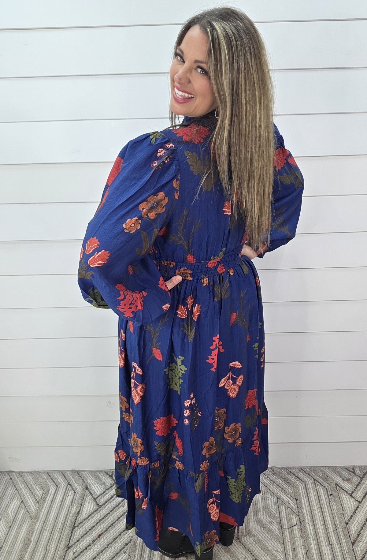 NAVY FLORAL ELASTIC WAIST V NECK LONG DRESS