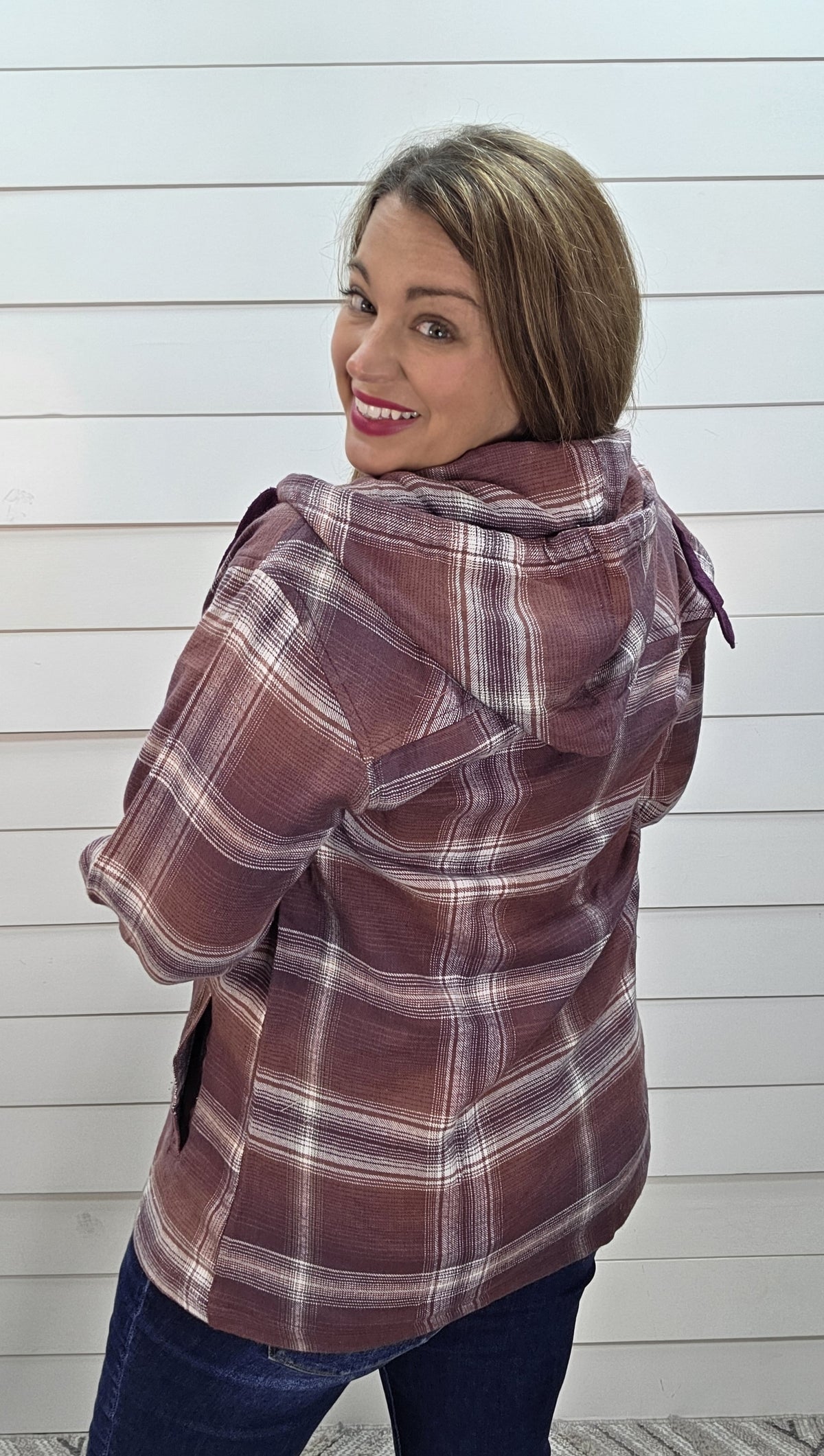 PLUM PLAID ZIP UP HOODED TOP W/ POCKETS