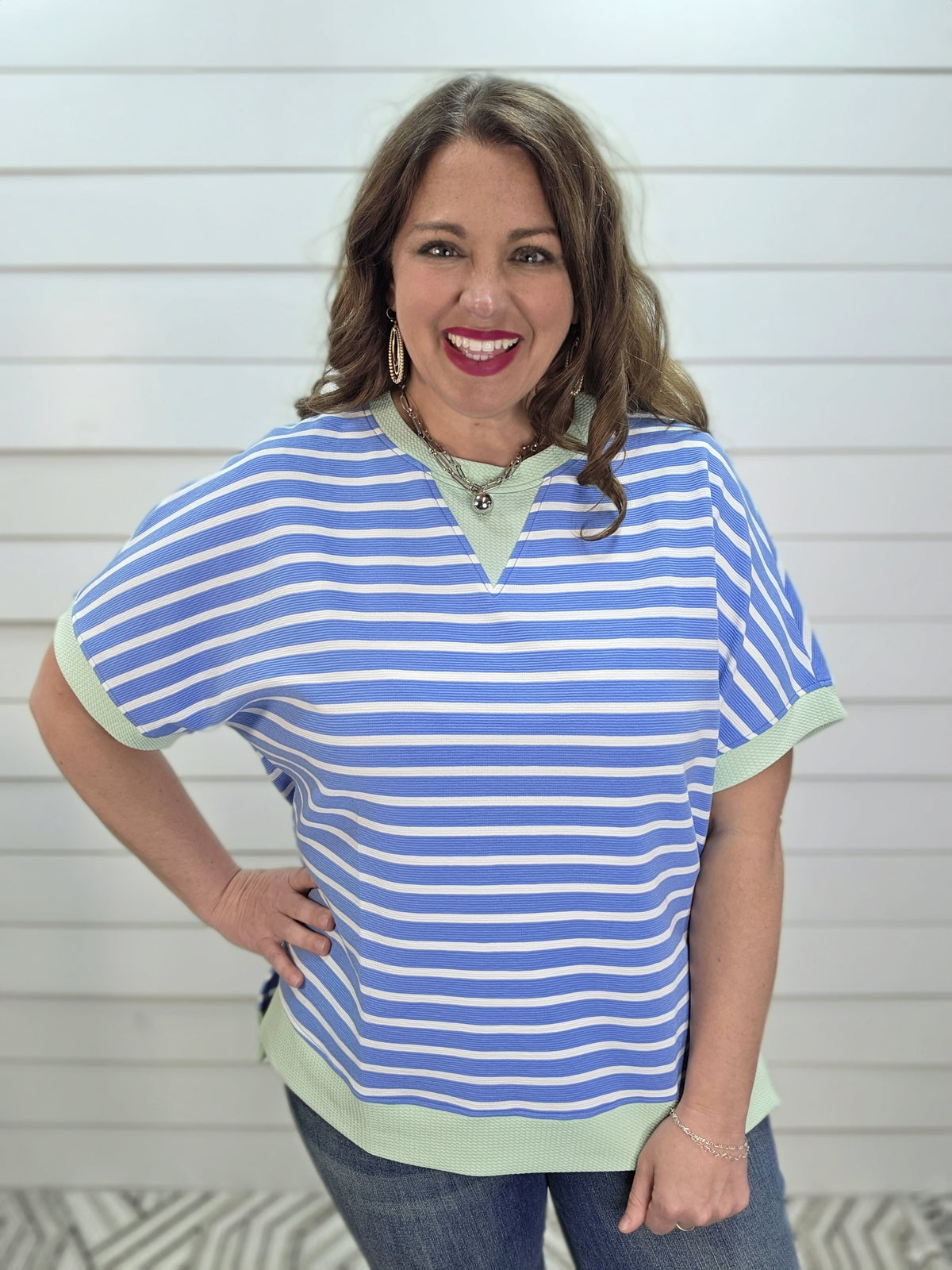 SKY STRIPED KNIT TOP W/ GREEN TRIM
