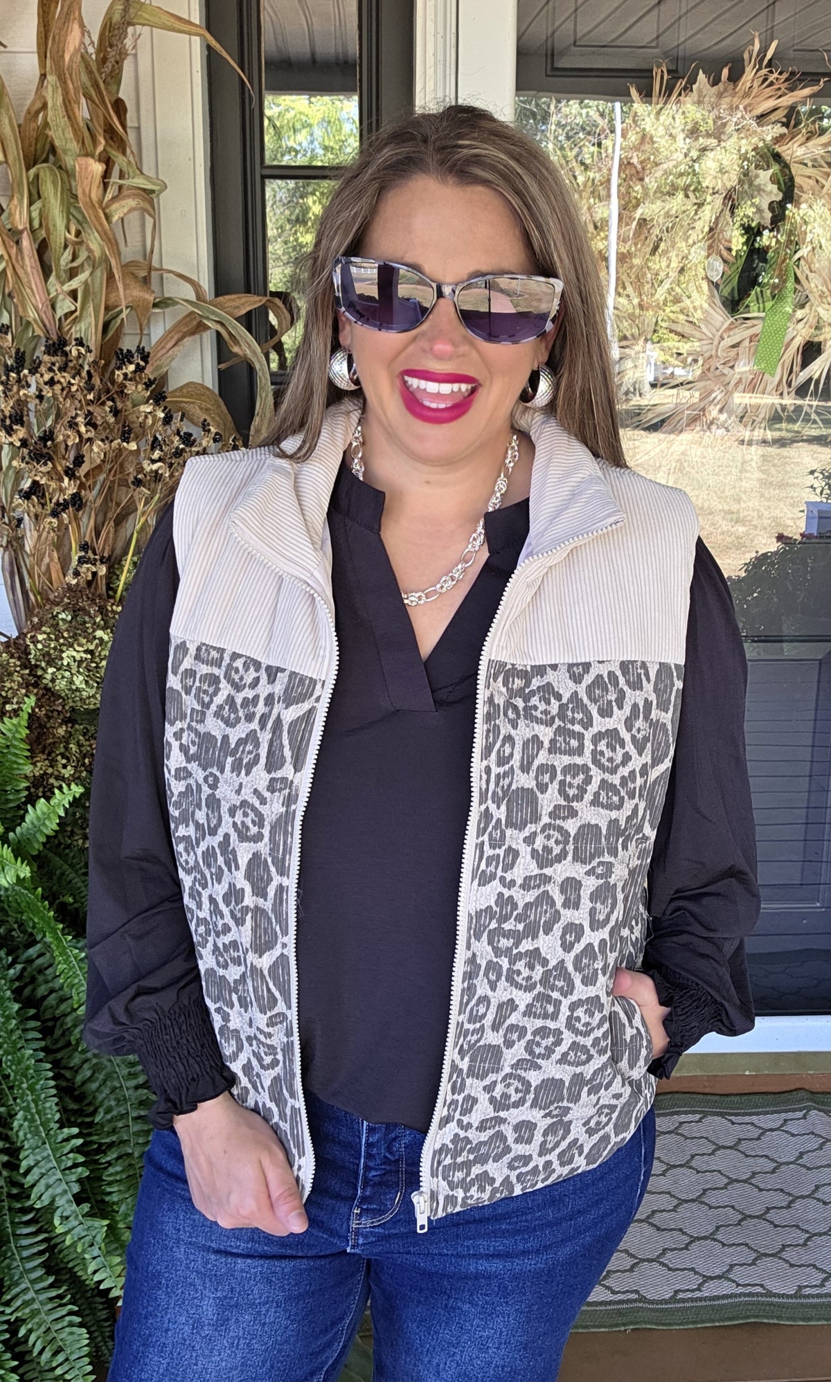 OATMEAL/LEOPARD CORDED CONTRAST VEST