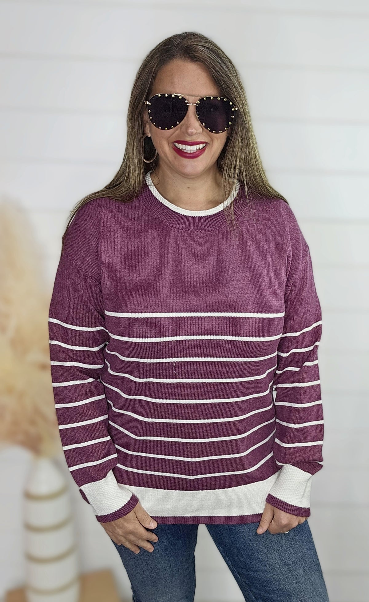 MAGENTA STRIPED KNIT CREW NECK PULLOVER SWEATER