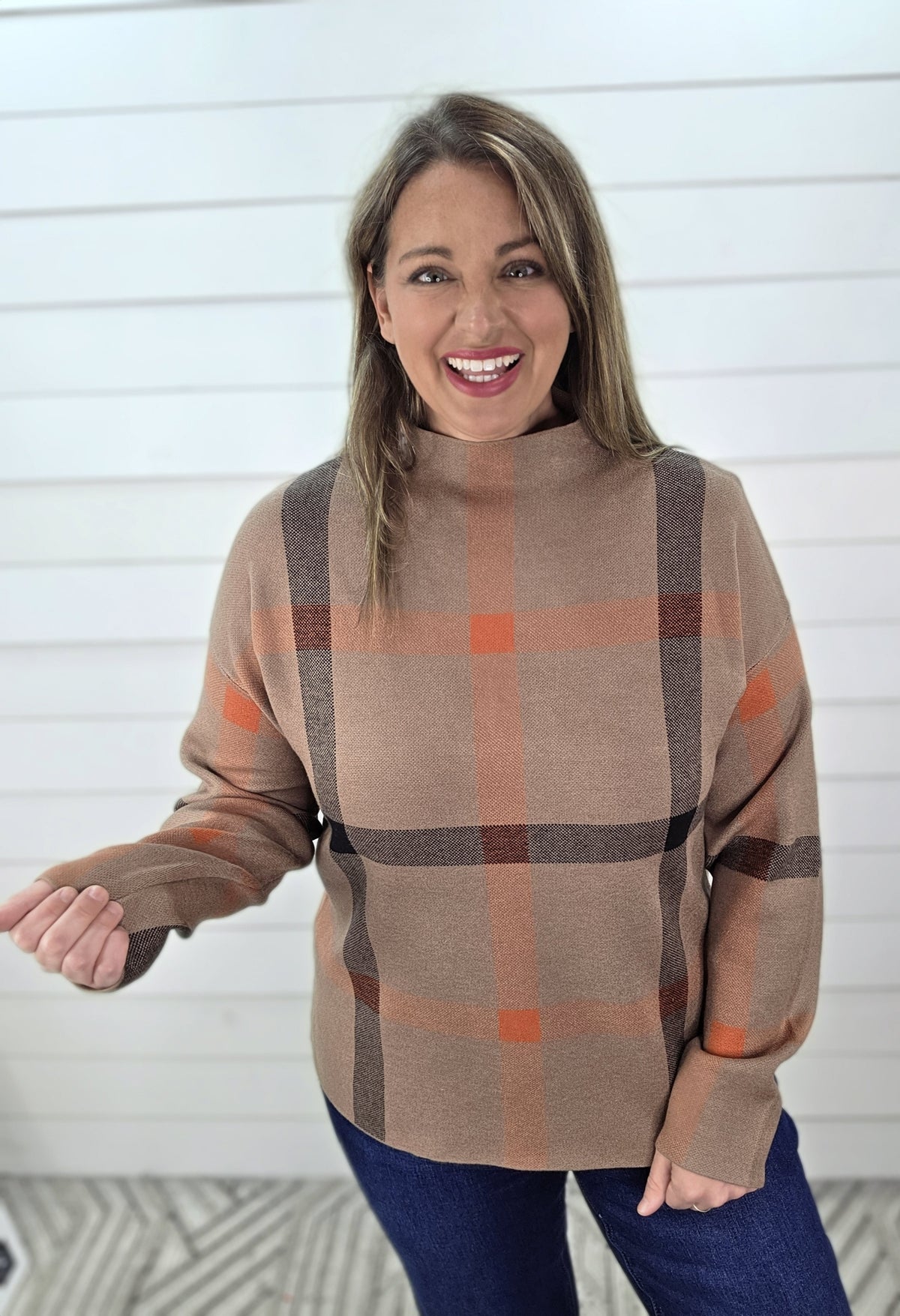 MOCHA PLAID HIGH NECK PULLOVER SWEATER