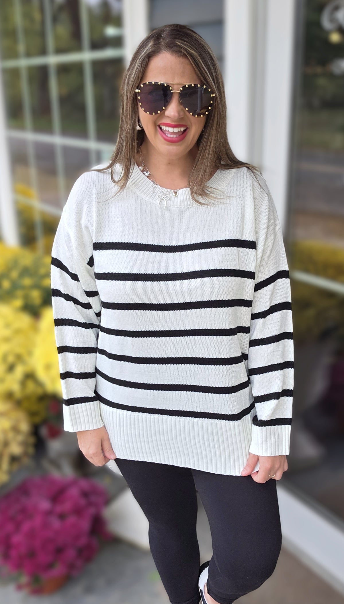 IVORY/BLACK STRIPED OVERSIZED CREW NECK SWEATER