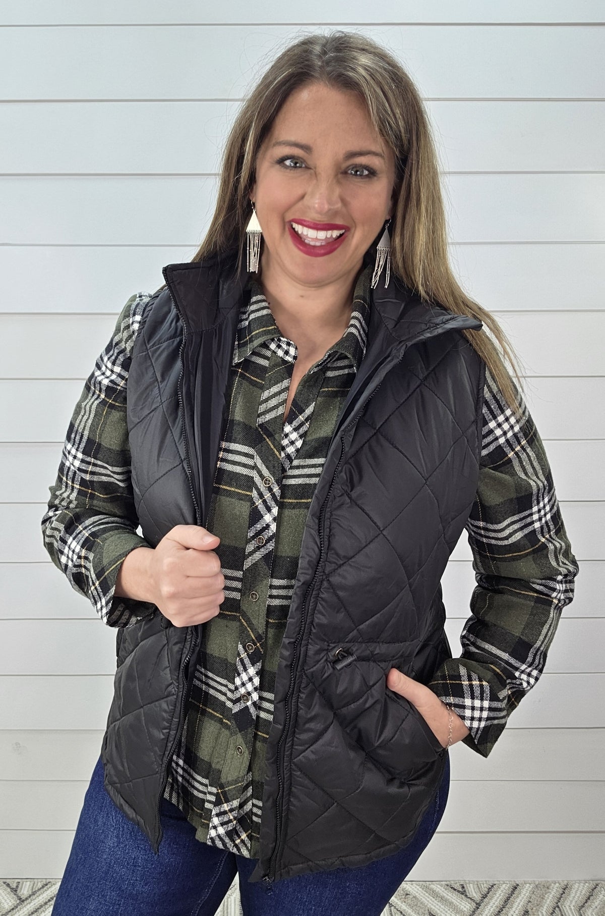 KAREN HART BLACK QUILTED CINCH ZIPPER VEST