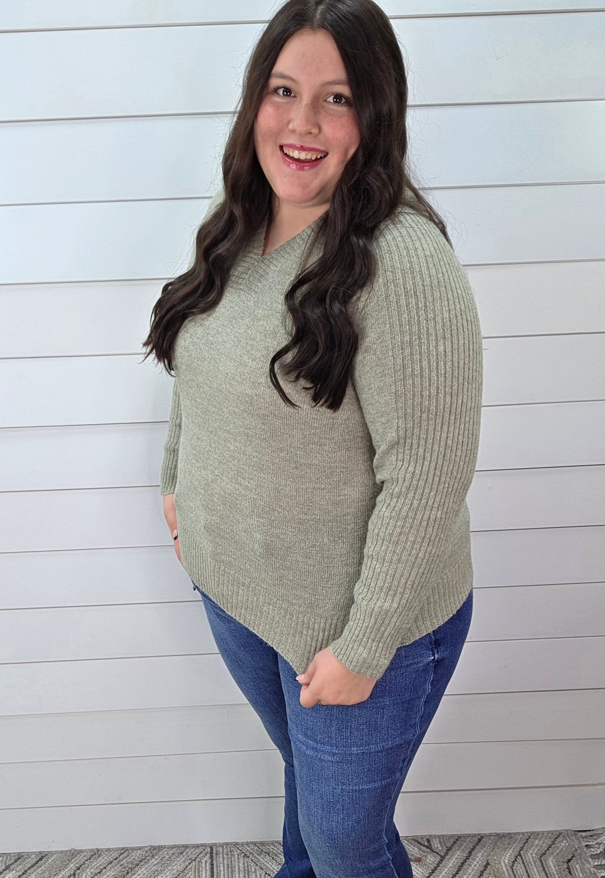 LT OLIVE KNIT RIBBED ACCENT HOODED SWEATER PULLOVER