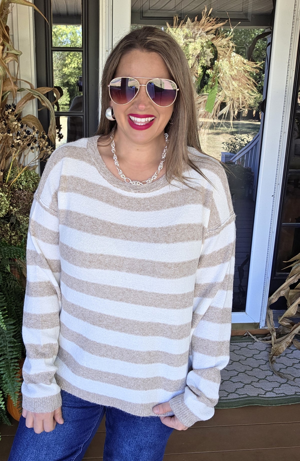 TAUPE STRIPED CREW NECK PULLOVER SWEATER