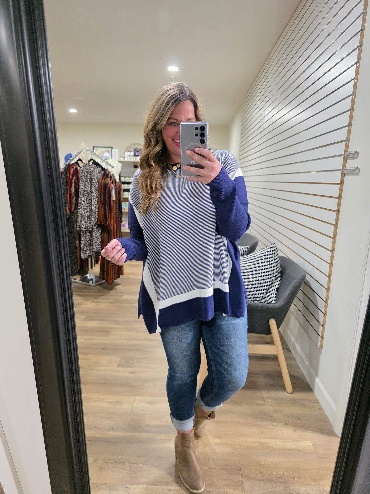 BLUE STRIPED/COLORBLOCK DOLMAN TUNIC SWEATER
