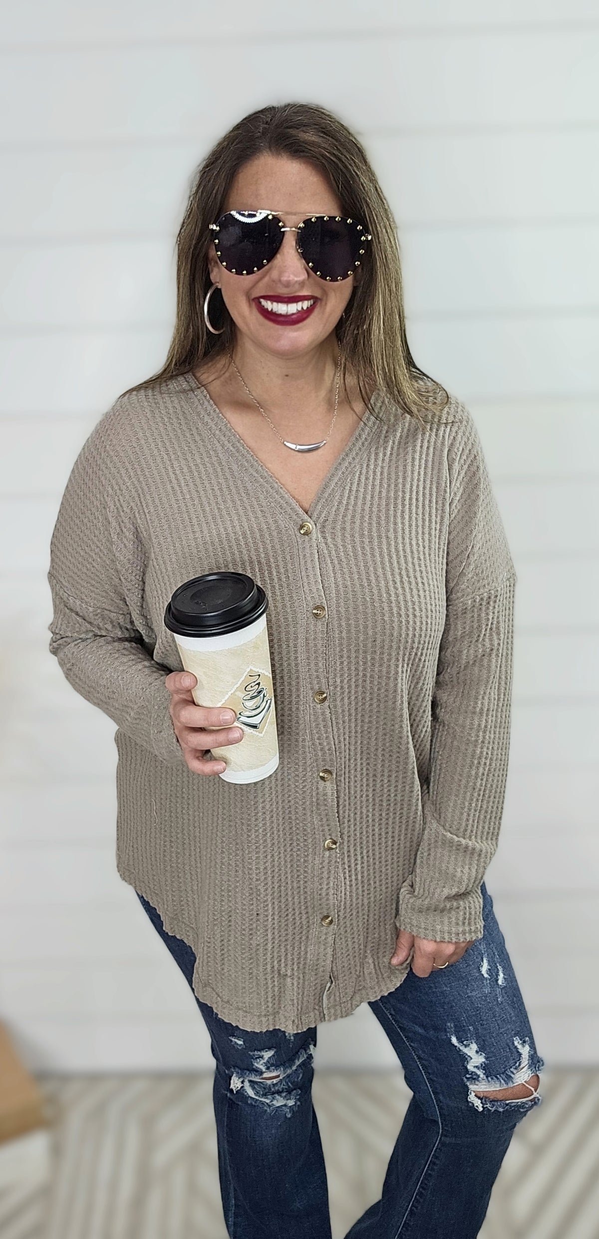 TAUPE WAFFLE KNIT BUTTON DOWN TOP