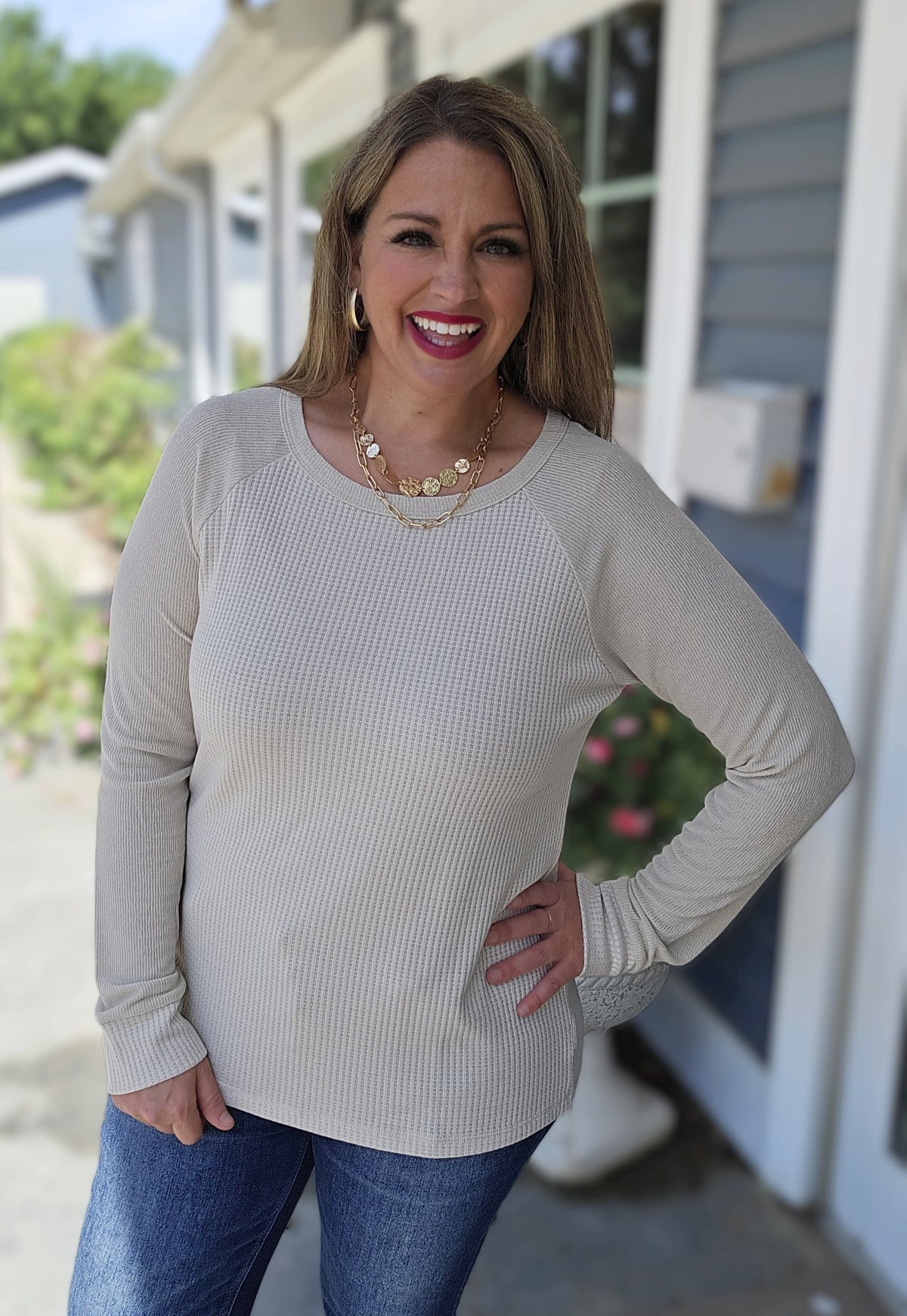 NATURALCONTRAST LONG SLEEVE WAFFLE KNIT TOP