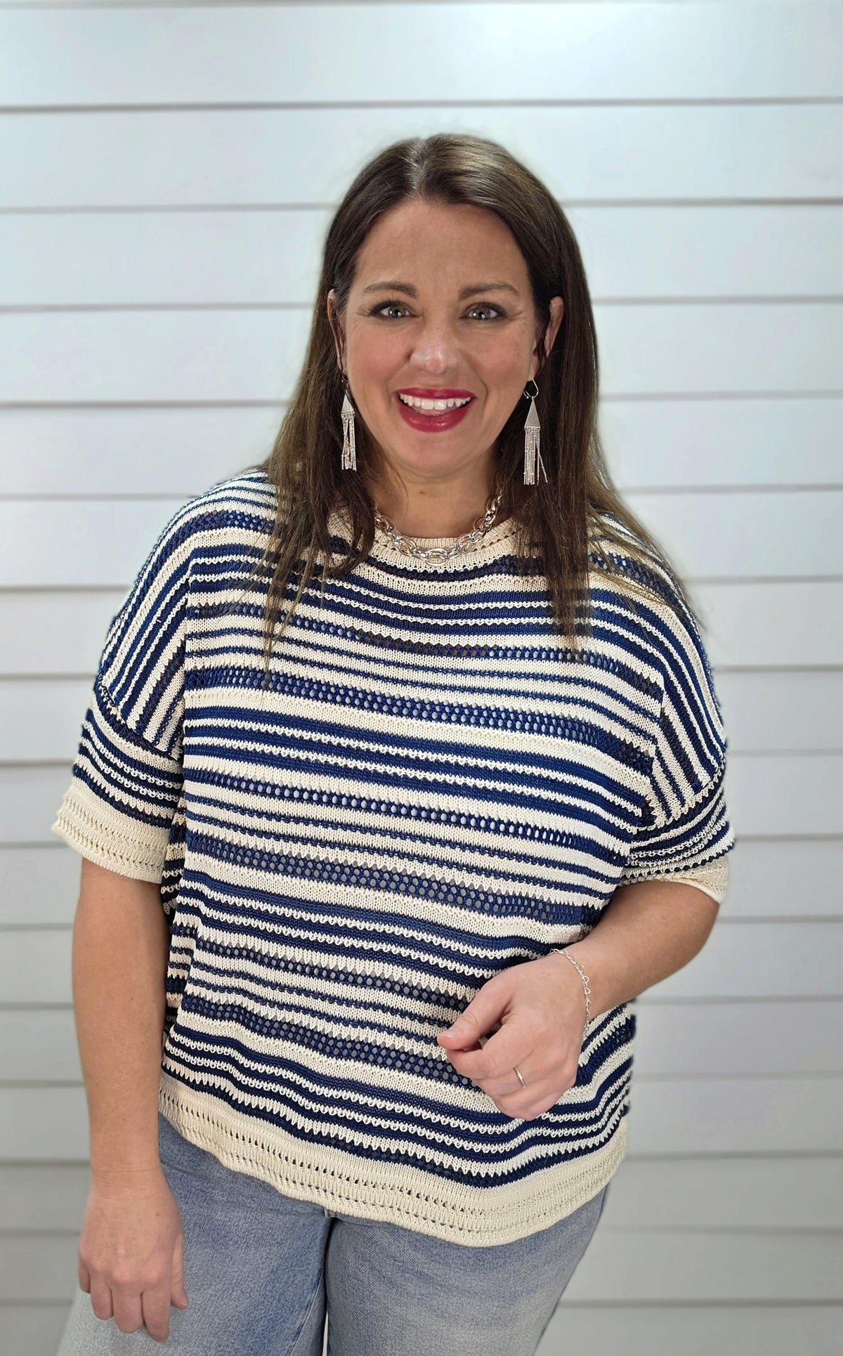 BLUE/CREAM STRIPED OPEN KNIT LOOSE FIT SHORT SLEEVE SWEATER