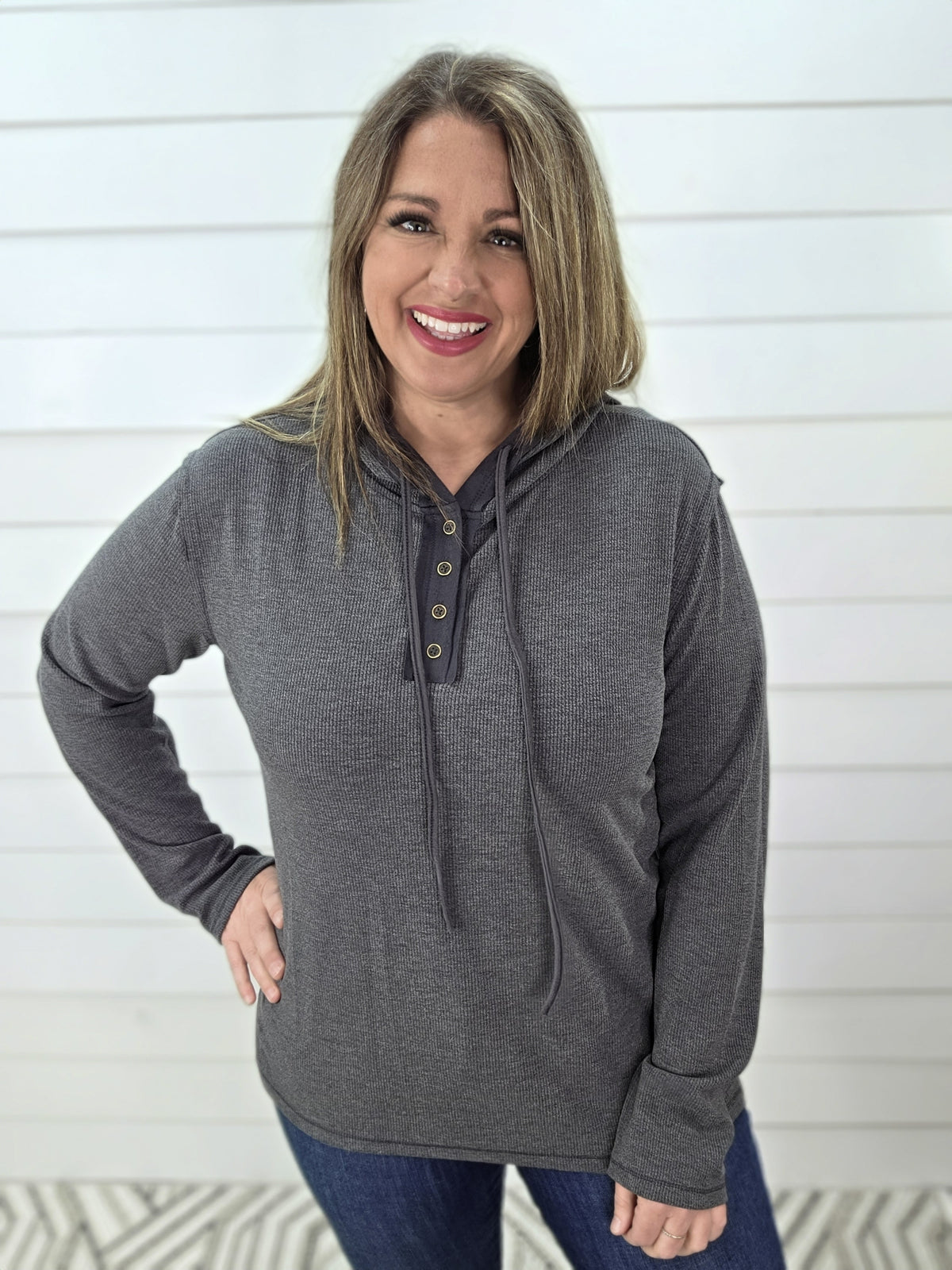 CHARCOAL BUTTON HENLEY KNIT TOP W/ SUEDE CONTRAST