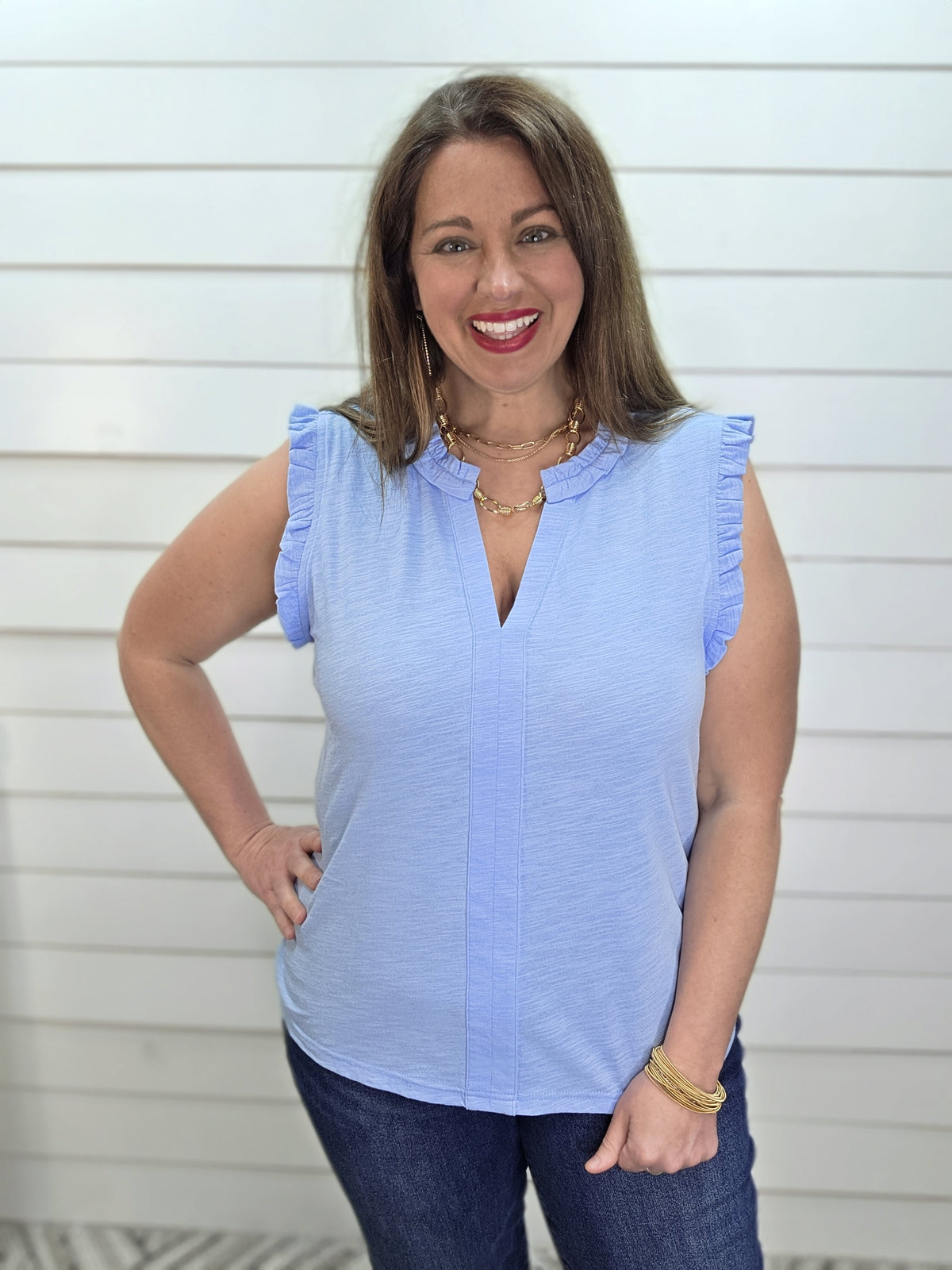 SKY BLUE RUFFLE NECK AND SLEEVE KNIT TOP