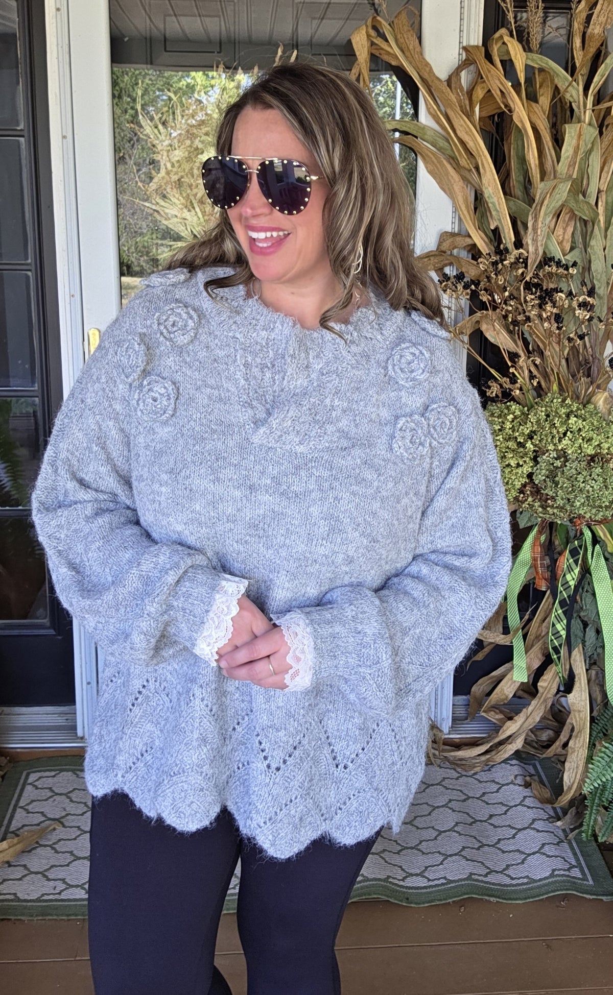 POL HEATHER GREY FLORAL TRIM SWEATER WITH SCALLOPS AND LACE TRIM