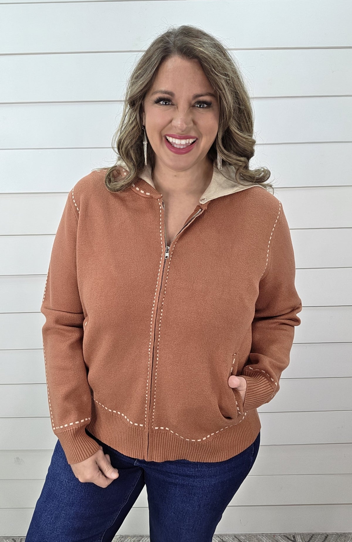 COPPER REMOVEABLE HOOD STITCH ACCENT FULL ZIP SWEATER