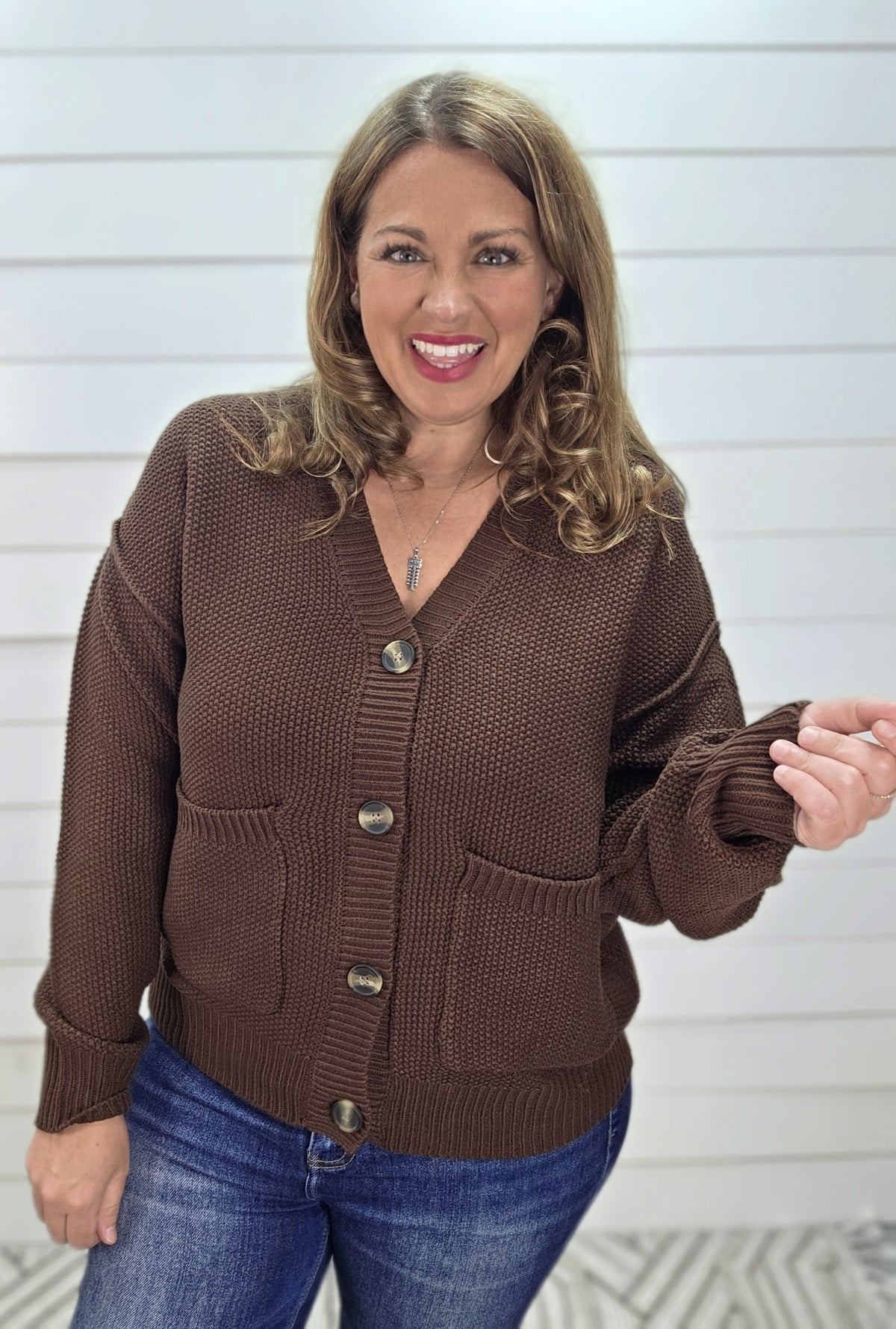 DARK BROWN WAFFLE TEXTURE V NECK SWEATER/CARDIGAN