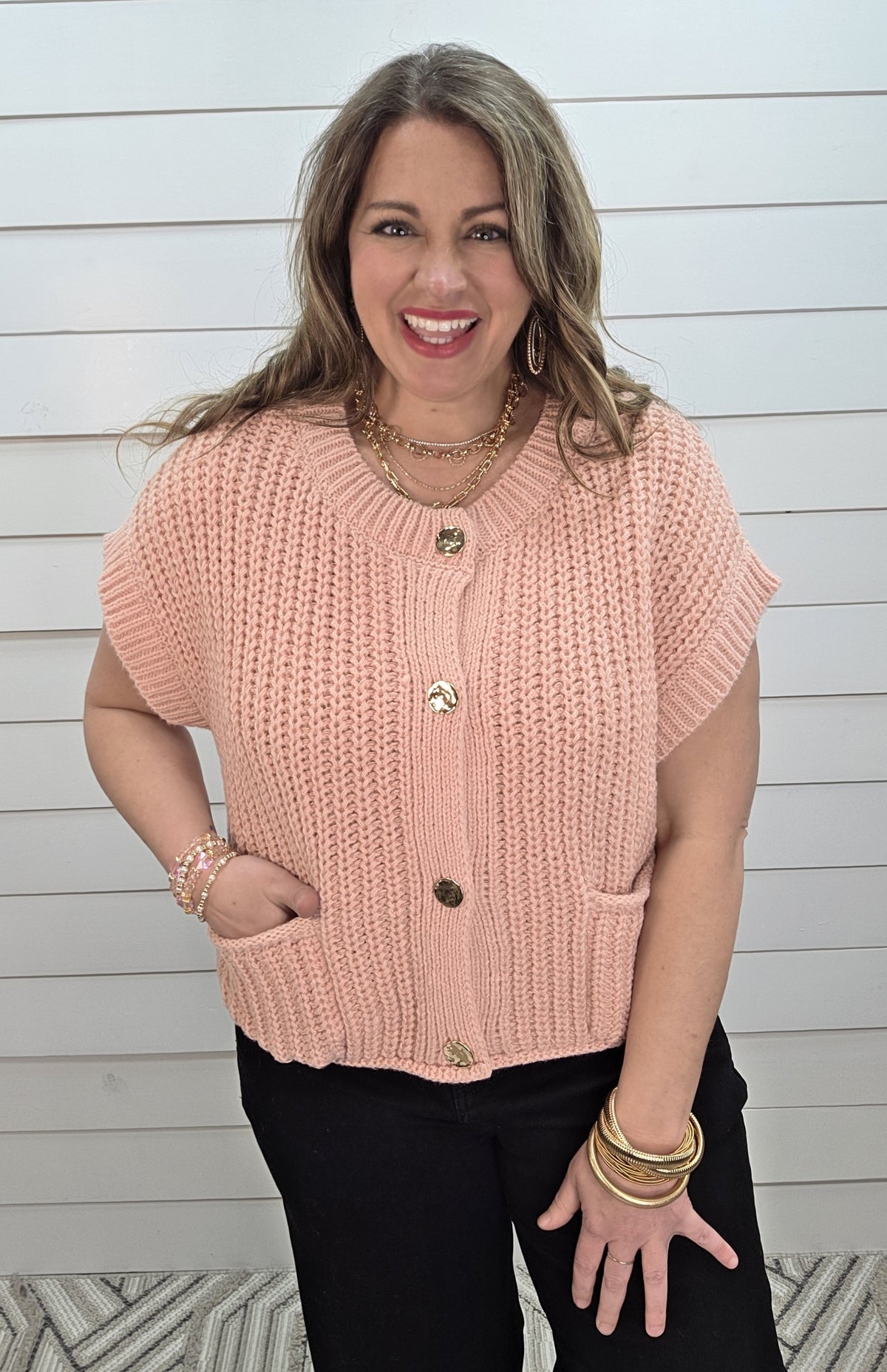 BLUSH CHUNKY SHORT SLEEVE GOLD BUTTON SWEATER