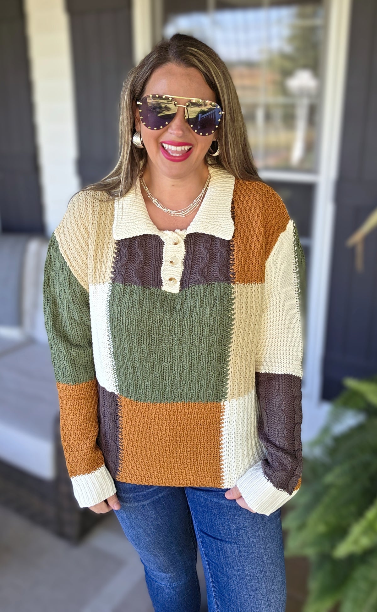 OLIVE/IVORY/CAMEL KNIT BLOCK BUTTON TRIM SWEATER