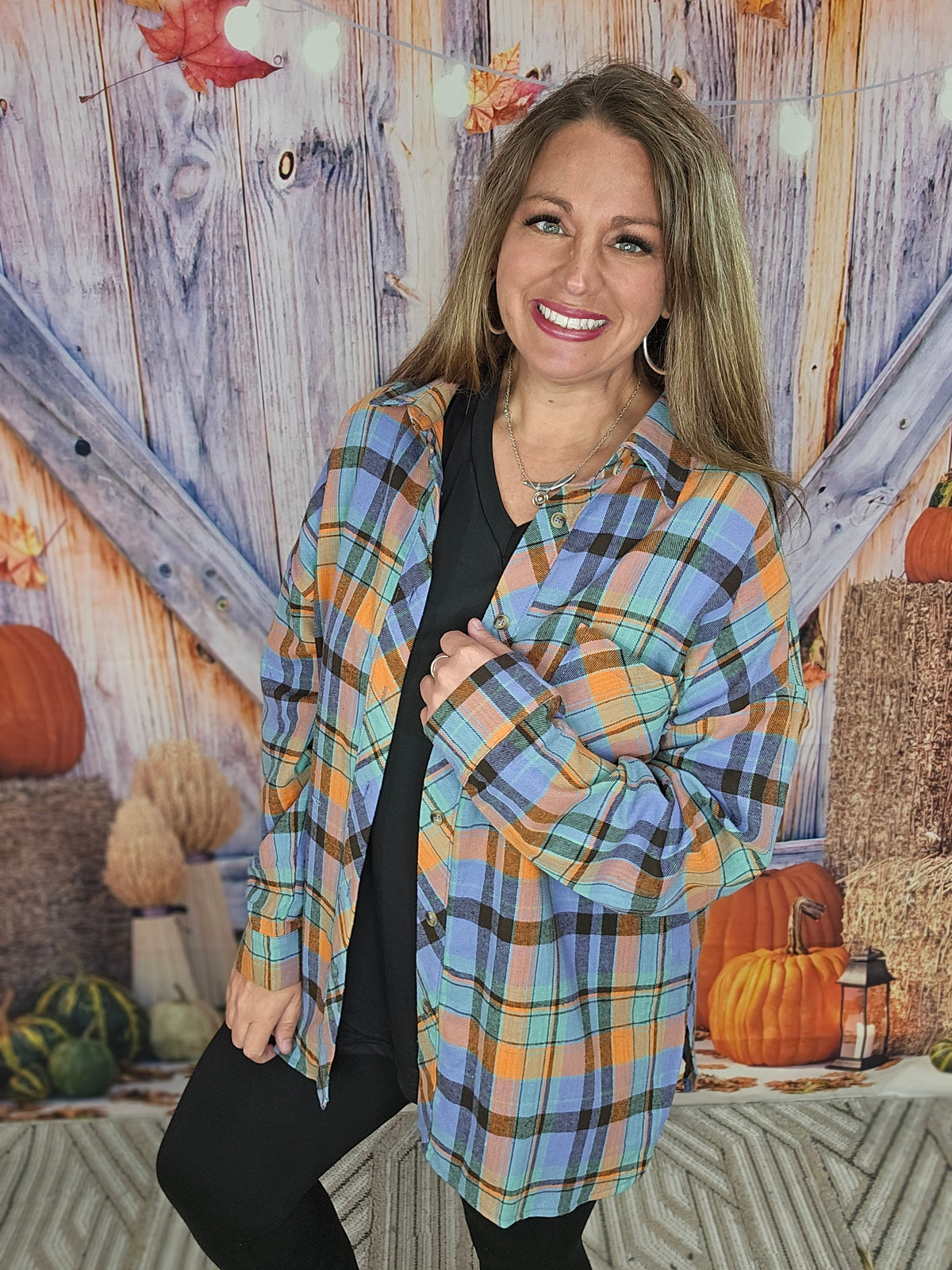 ORANGE/BLUE PLAID LIGHT WEIGHT FLANNEL BUTTON UP