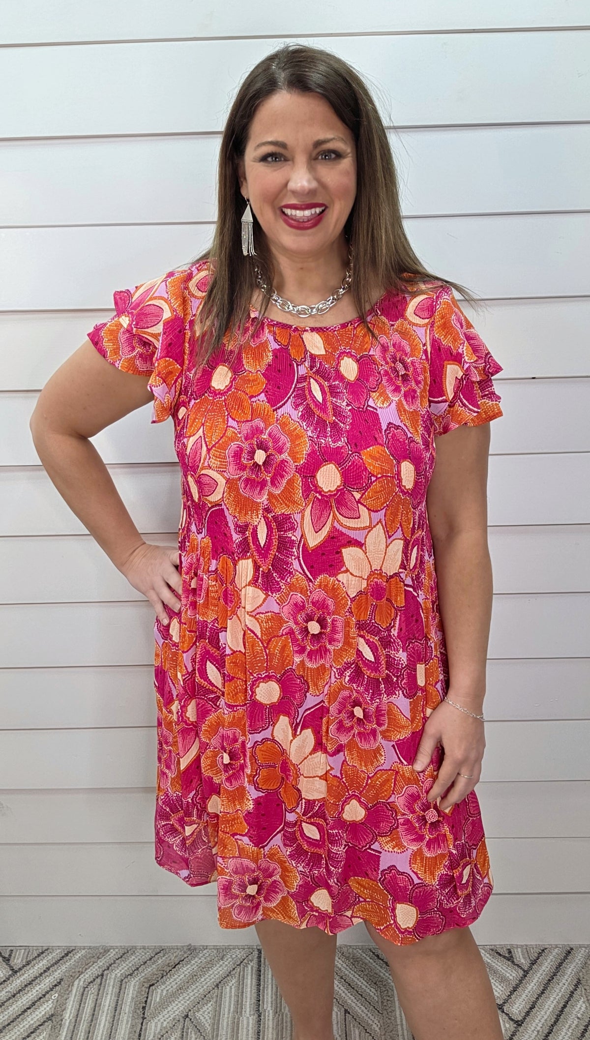 HOT PINK FLORAL LOOSE SMOCKED TOP DRESS