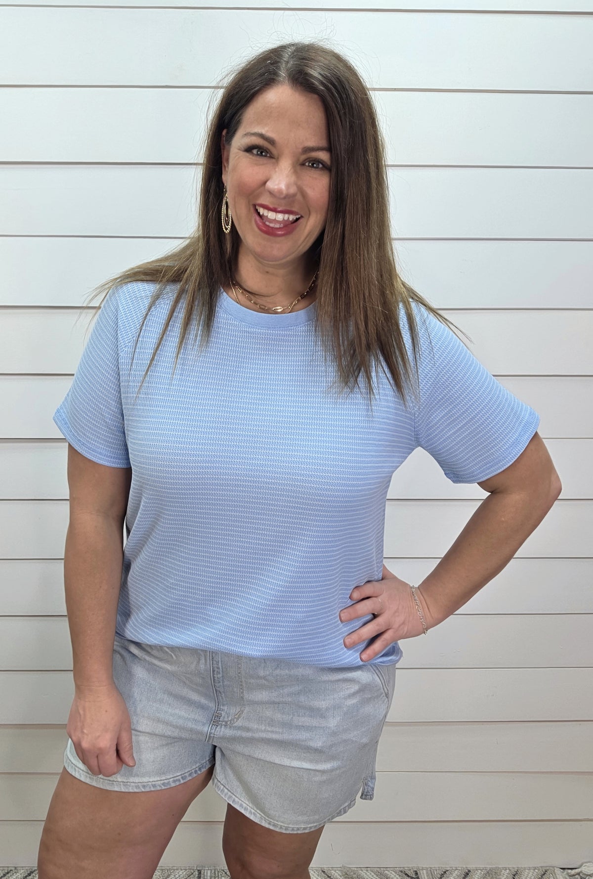 BABY BLUE STRIPED TEXTURED KNIT TOP