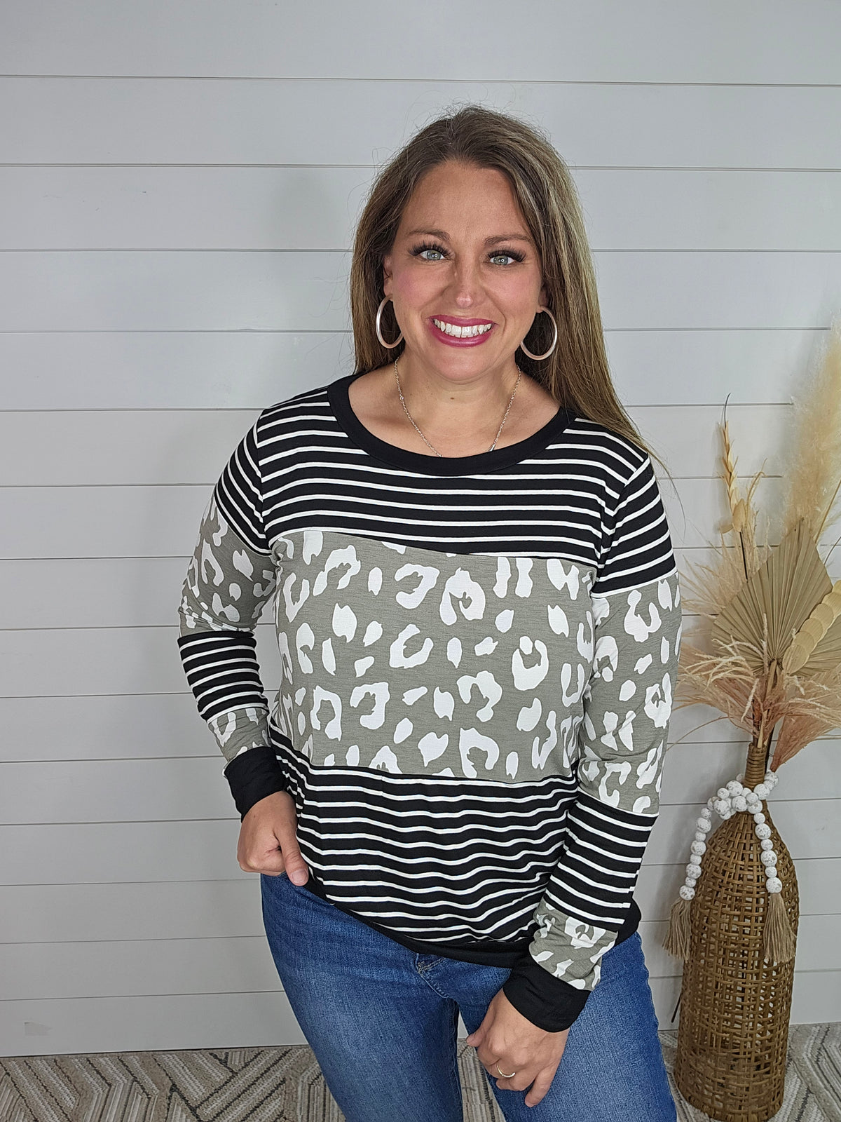 GREY/BLACK LEOPARD COLORBLOCK TOP