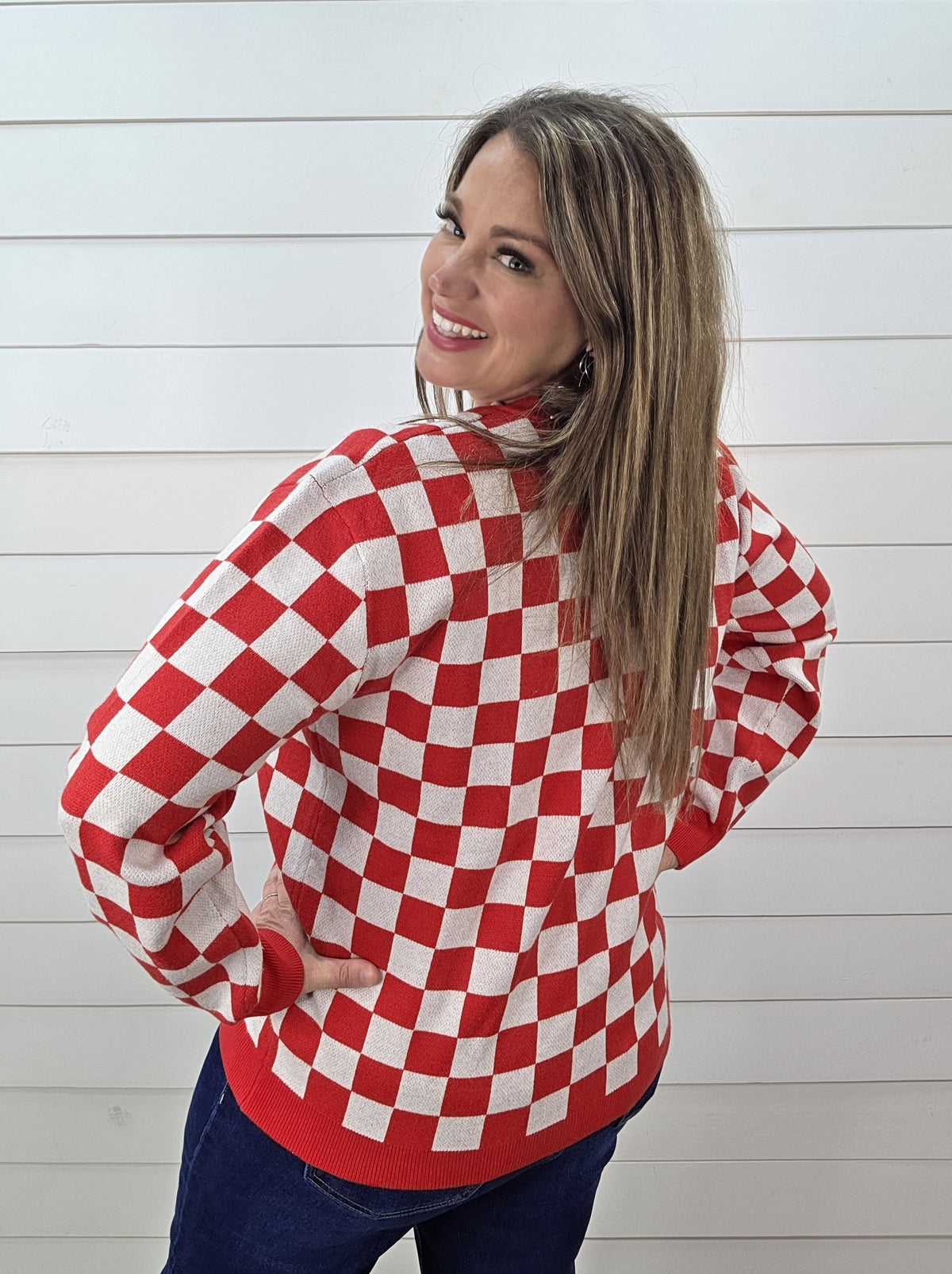 RED CHECKERED TREE BUTTON CARDIGAN SWEATER