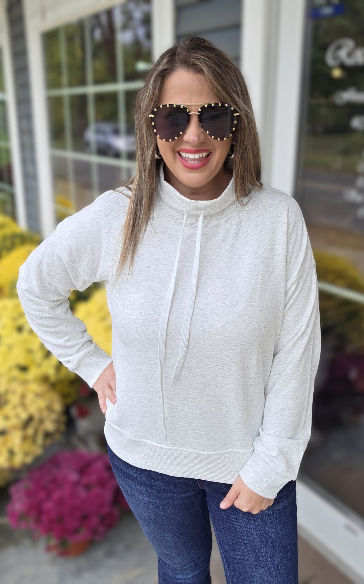 HEATHER GREY MOCK NECK AND TIE CHANNEL SWEATSHIRT
