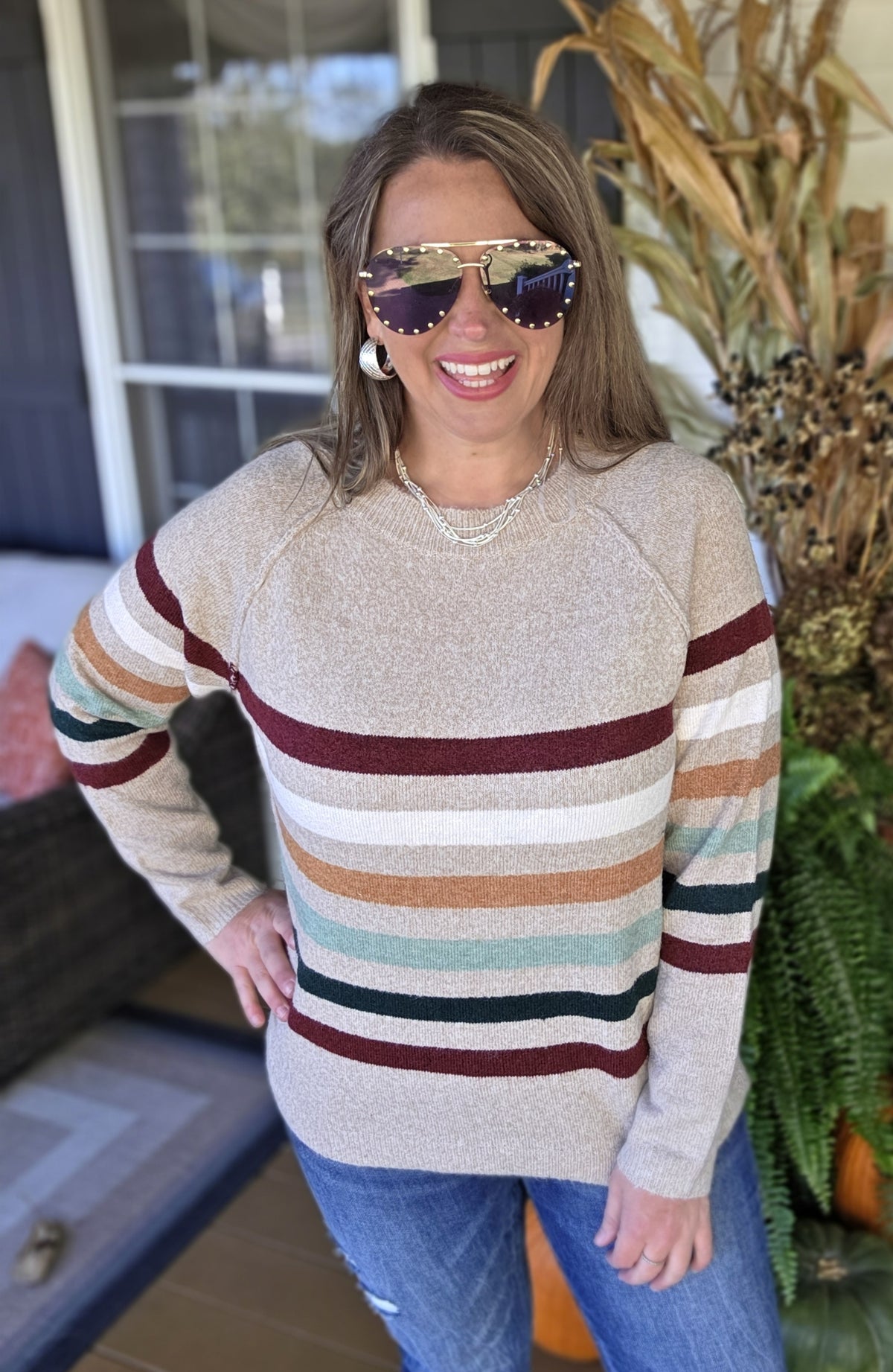 TAUPE MULTI STRIPE KNIT CREW NECK LIGHT WEIGHT SWEATER