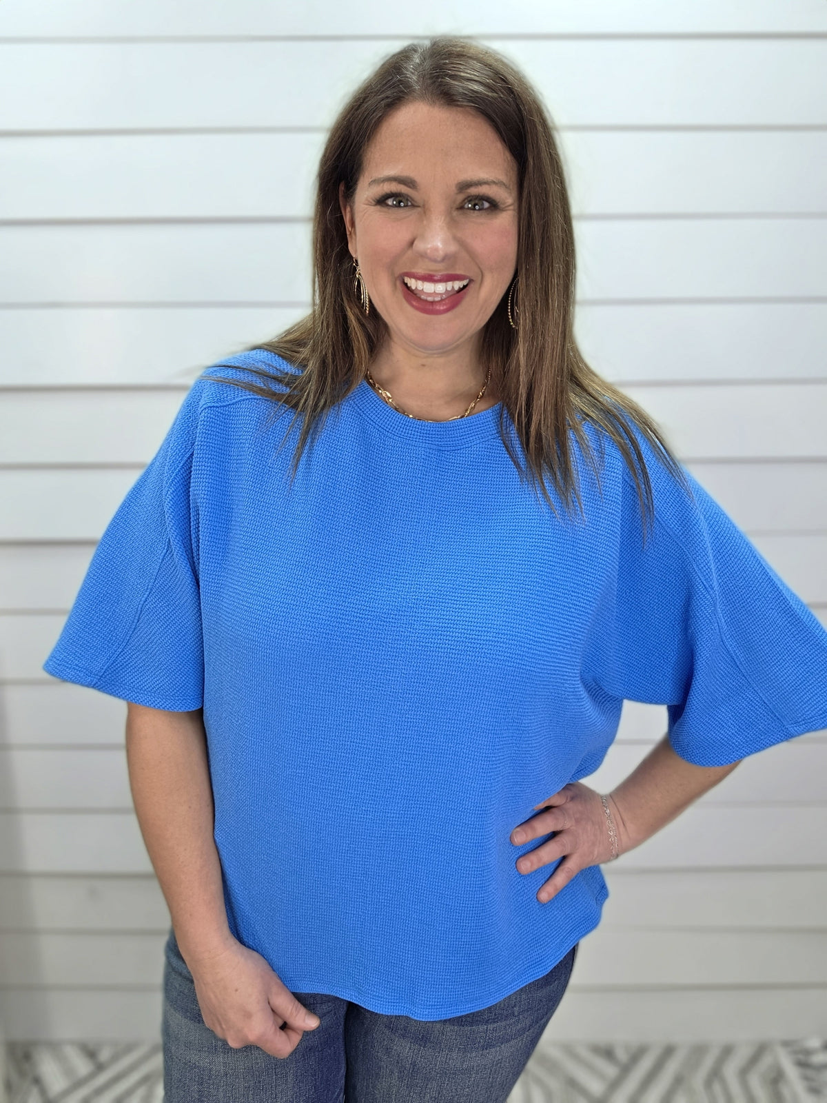 BLUE DOUBLE KNIT TEXTURED HALF SLEEVE KNIT TOP