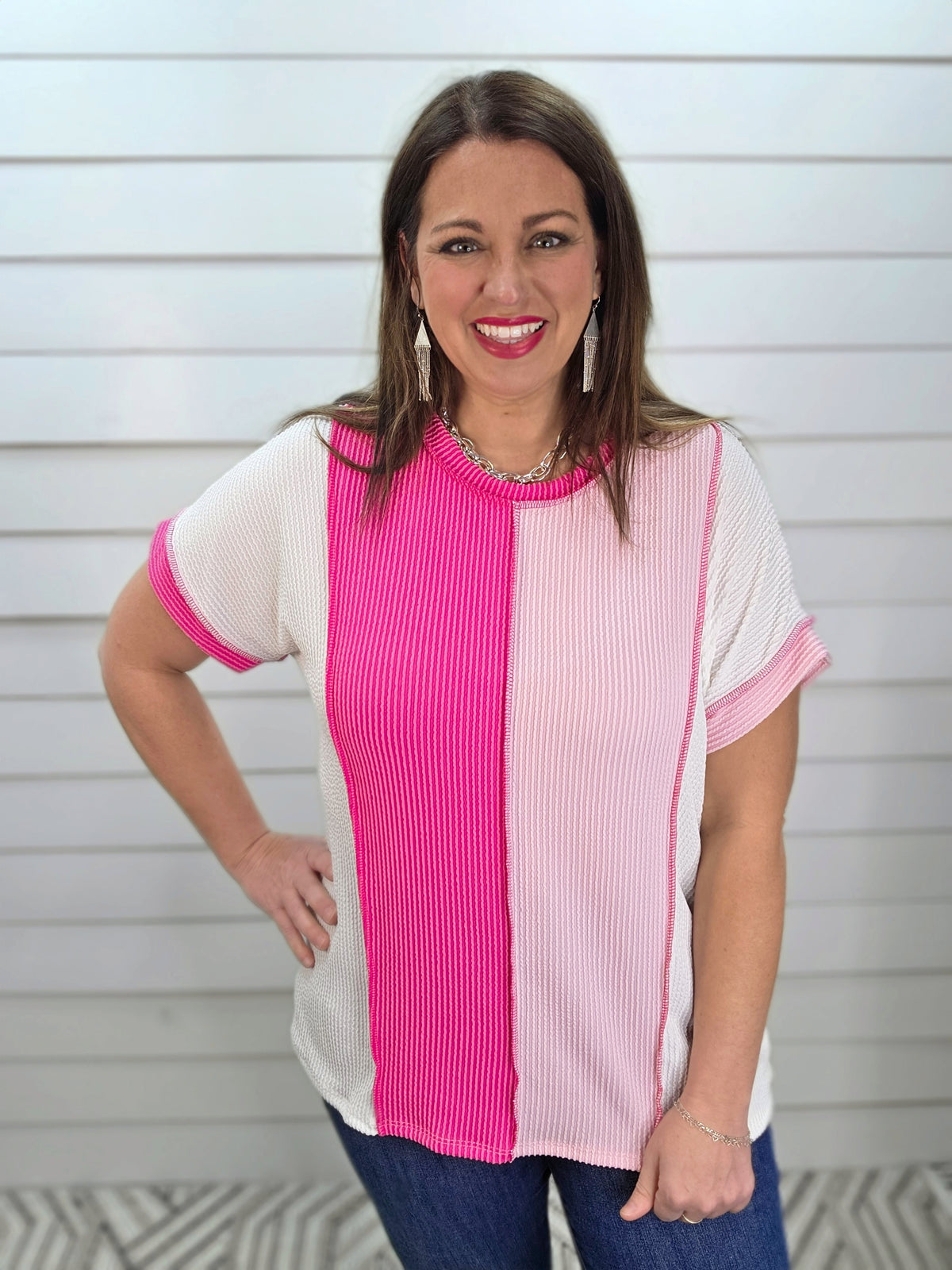 IVORY/FUCHSIA/PINK RAISED RIBBED COLORBLOCK KNIT TOP